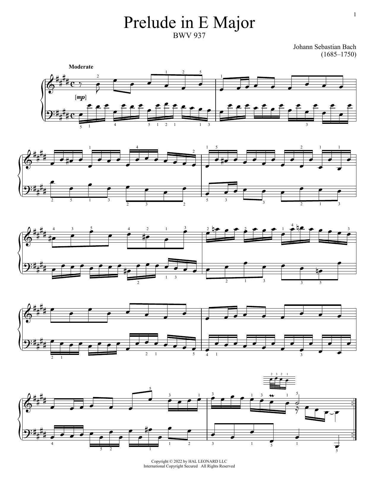 Johann Sebastian Bach Prelude In E Major, BWV 937 Sheet Music Notes & Chords for Piano Solo - Download or Print PDF