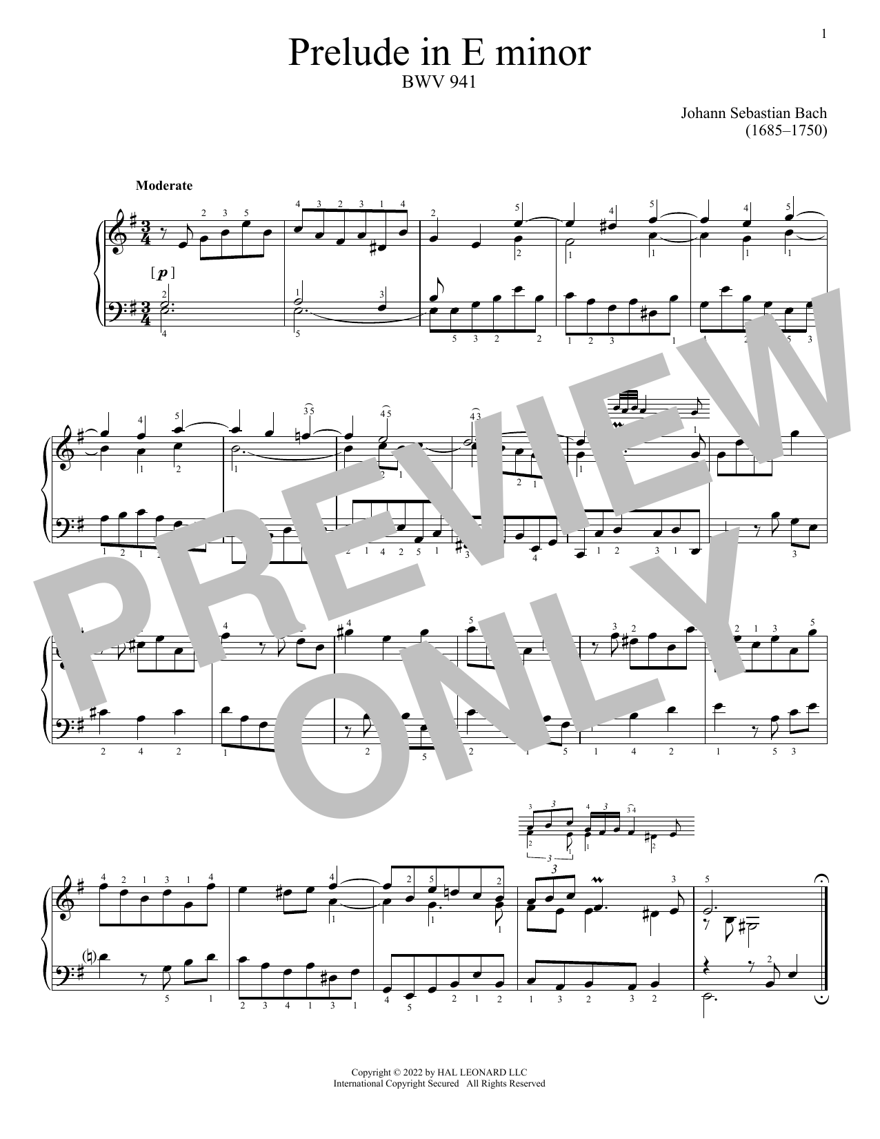 Johann Sebastian Bach Prelude In E Minor, BWV 941 Sheet Music Notes & Chords for Piano Solo - Download or Print PDF