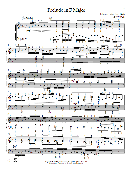 Johann Sebastian Bach Prelude In F Major, BMV 928 Sheet Music Notes & Chords for Piano - Download or Print PDF