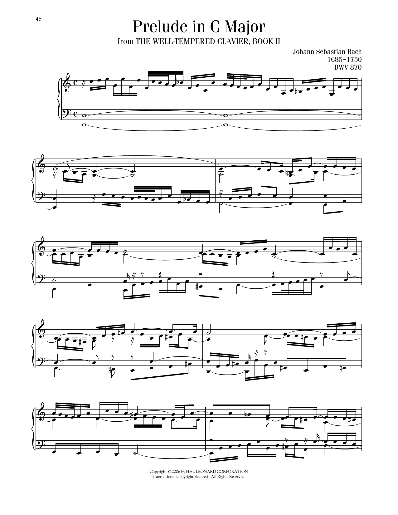 Johann Sebastian Bach Prelude No. 1 In C Major, BWV 870 Sheet Music Notes & Chords for Piano Solo - Download or Print PDF