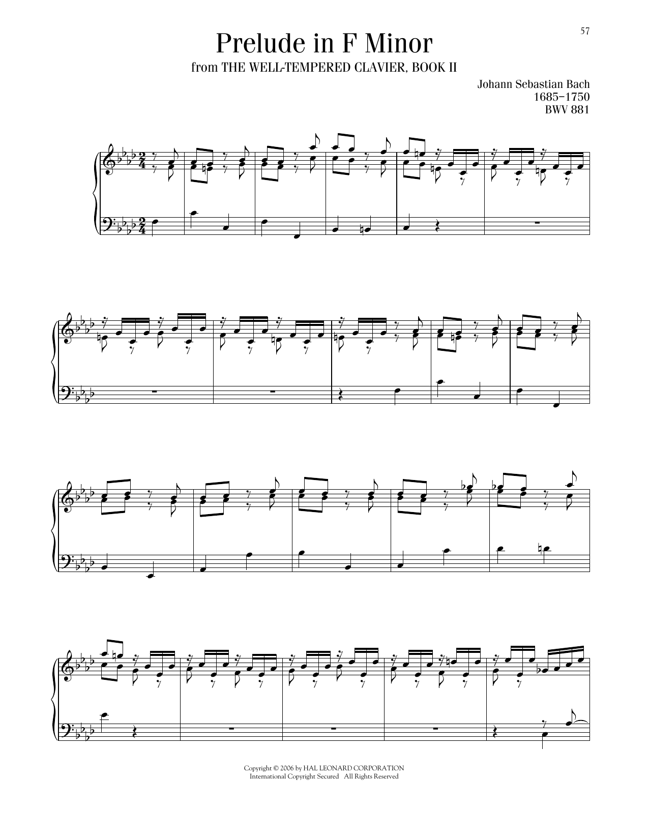 Johann Sebastian Bach Prelude No. 12 In F Minor, BWV 881 Sheet Music Notes & Chords for Piano Solo - Download or Print PDF