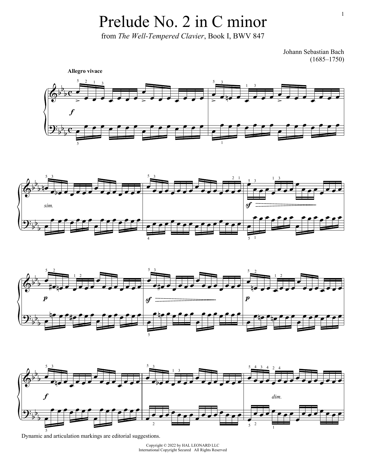 Johann Sebastian Bach Prelude No. 2 In C Minor, BWV 847 Sheet Music Notes & Chords for Piano Solo - Download or Print PDF