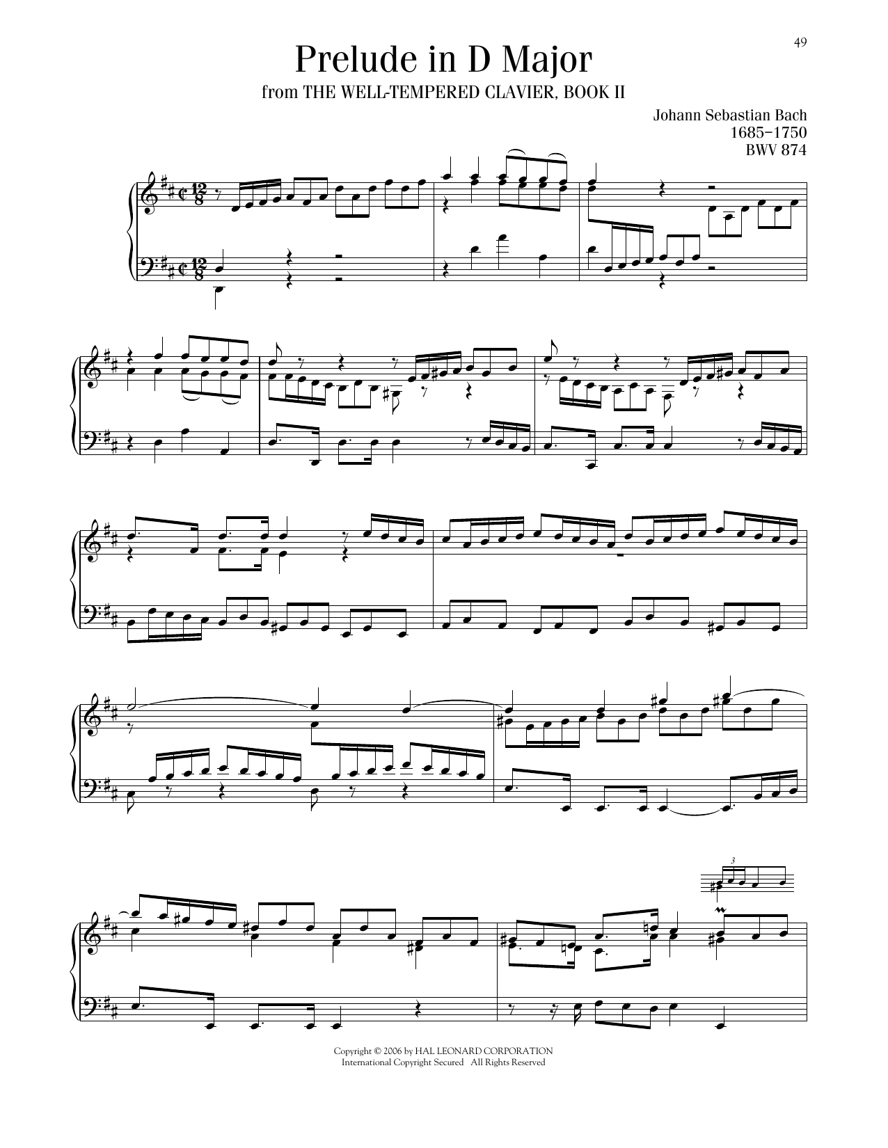 Johann Sebastian Bach Prelude No. 5 In D Major, BWV 874 Sheet Music Notes & Chords for Piano Solo - Download or Print PDF