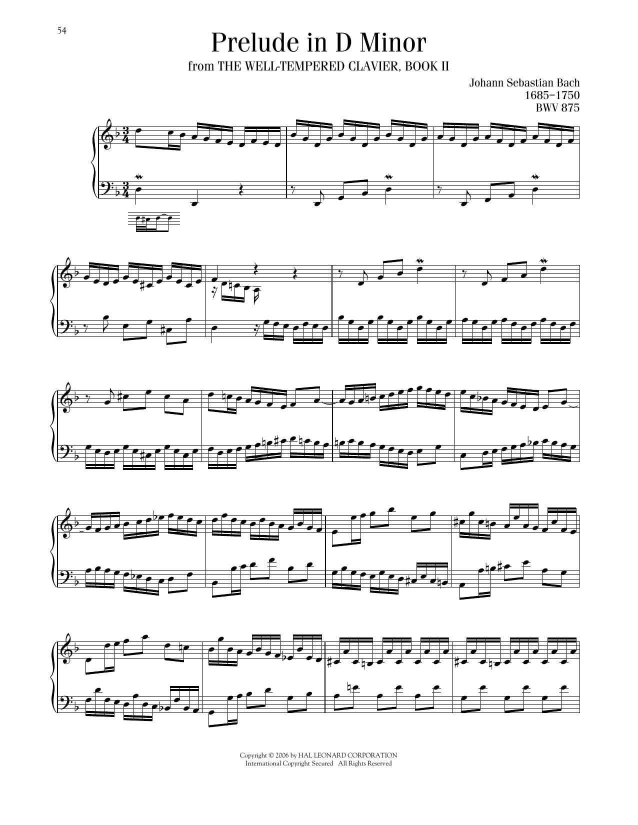 Johann Sebastian Bach Prelude No. 6 In D Minor, BWV 875 Sheet Music Notes & Chords for Piano Solo - Download or Print PDF