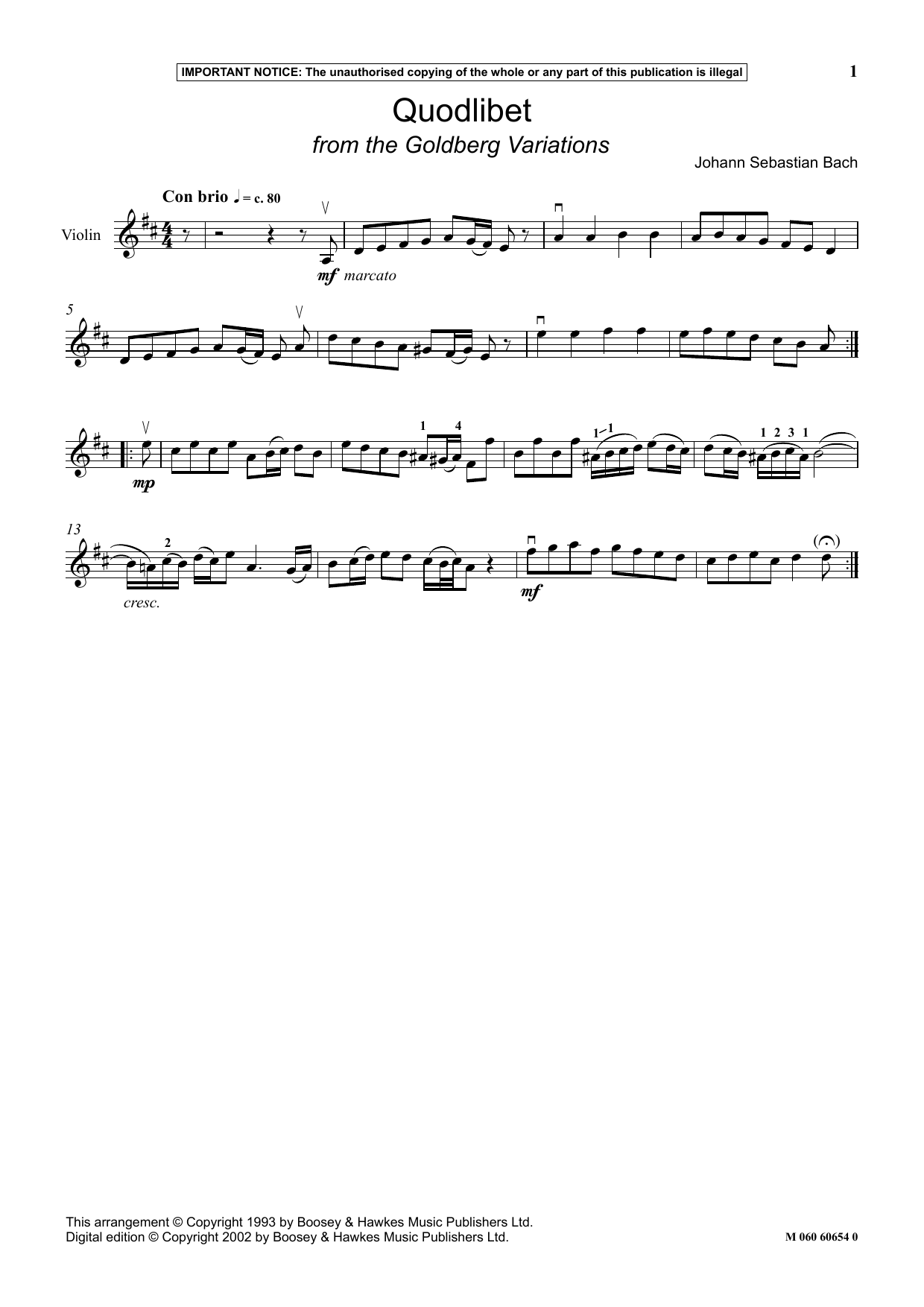 Johann Sebastian Bach Quodlibet (from The Goldberg Variations) Sheet Music Notes & Chords for Instrumental Solo - Download or Print PDF