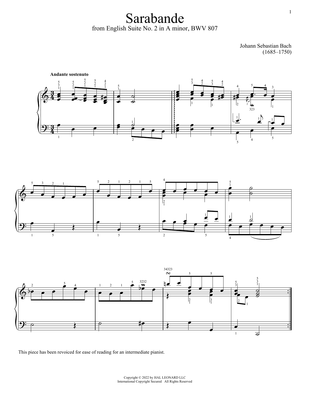 Johann Sebastian Bach Sarabande, BWV 807 Sheet Music Notes & Chords for Piano Solo - Download or Print PDF