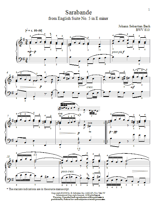 Johann Sebastian Bach Sarabande, BWV 810 Sheet Music Notes & Chords for Piano - Download or Print PDF