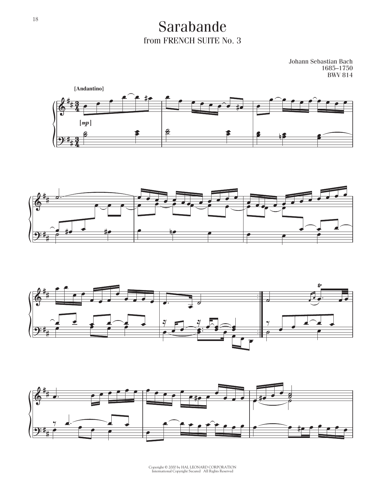 Johann Sebastian Bach Sarabande, BWV 814 Sheet Music Notes & Chords for Piano Solo - Download or Print PDF