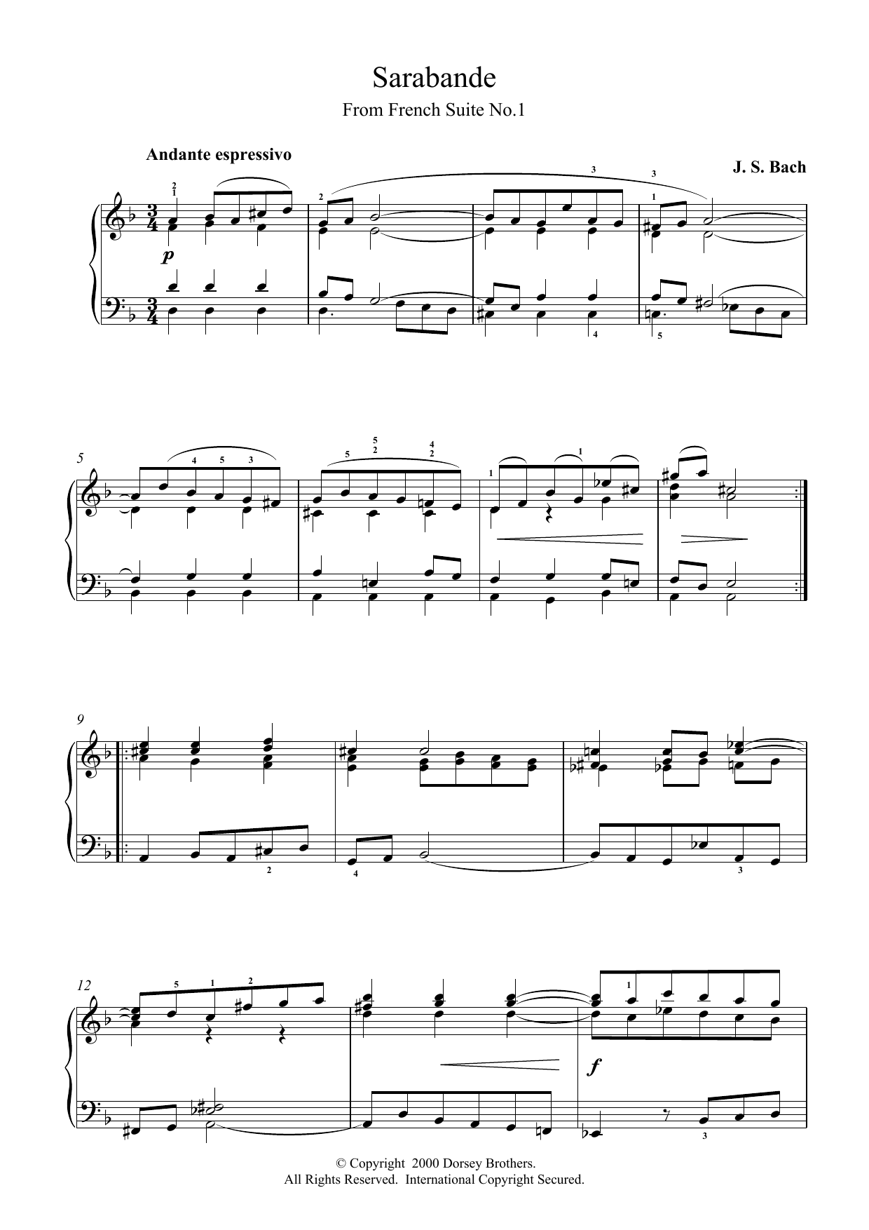 Johann Sebastian Bach Sarabande From Cello Suite in E Flat Sheet Music Notes & Chords for Piano - Download or Print PDF