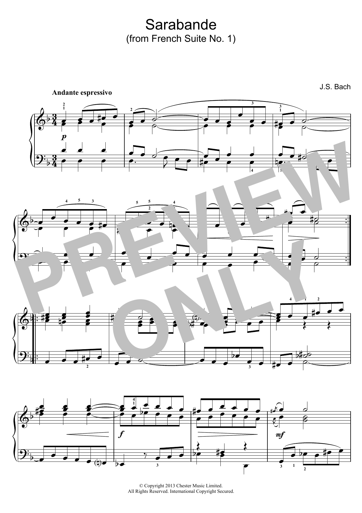 Johann Sebastian Bach Sarabande (from French Suite No. 1) Sheet Music Notes & Chords for Piano - Download or Print PDF