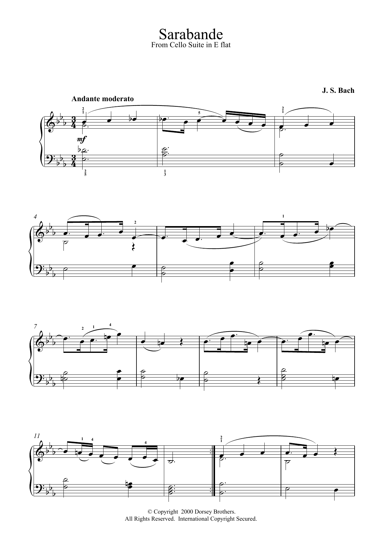 Johann Sebastian Bach Sarabande From French Suite No.1 Sheet Music Notes & Chords for Piano - Download or Print PDF