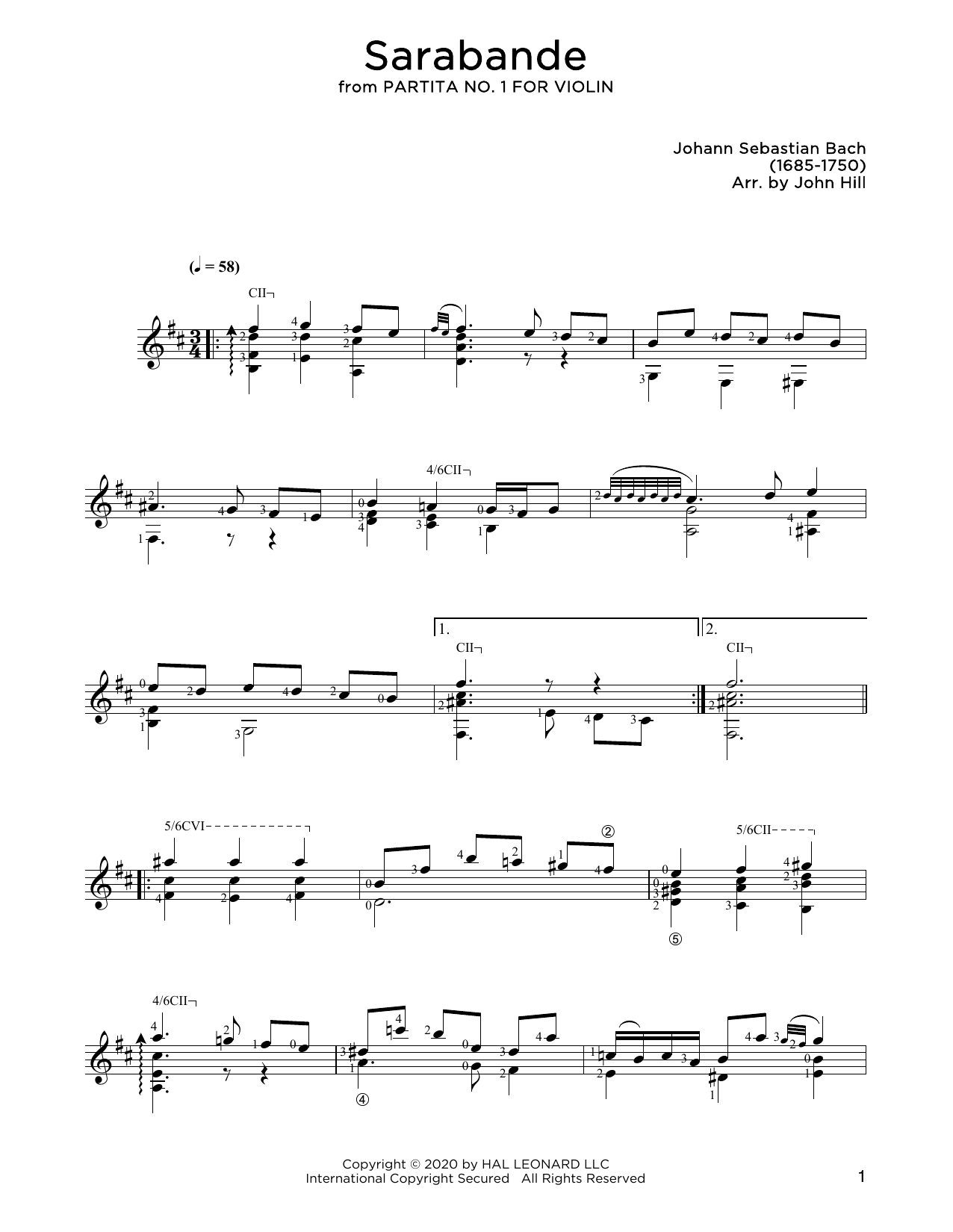 Johann Sebastian Bach Sarabande Sheet Music Notes & Chords for Solo Guitar - Download or Print PDF