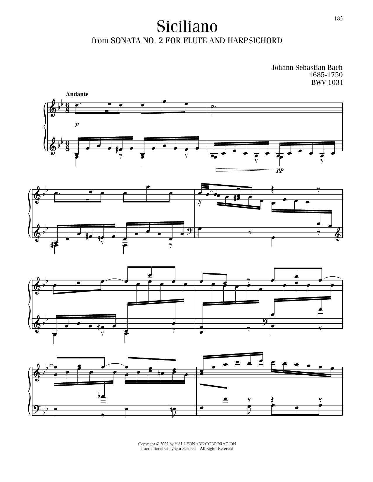 Johann Sebastian Bach Siciliano, BWV 1031 Sheet Music Notes & Chords for Piano Solo - Download or Print PDF