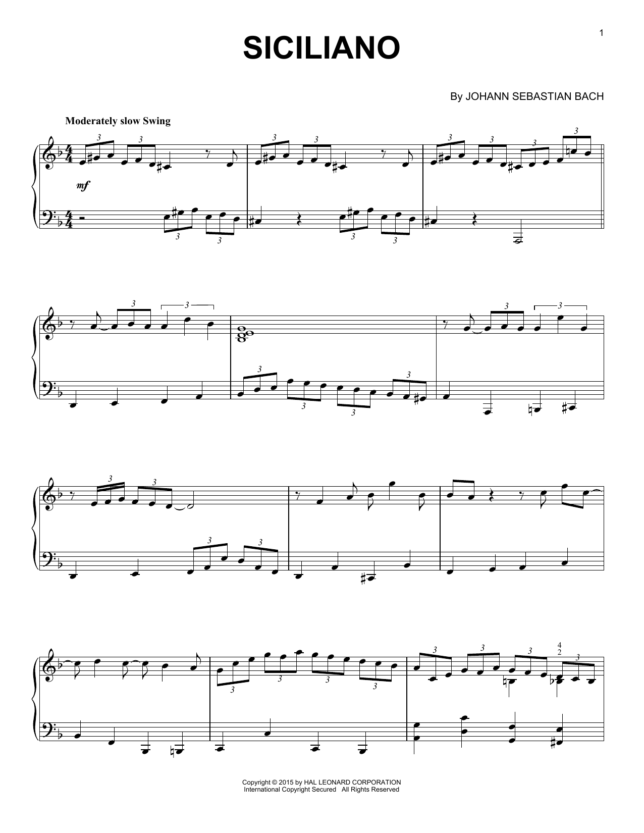 Johann Sebastian Bach Siciliano [Jazz version] Sheet Music Notes & Chords for Piano - Download or Print PDF
