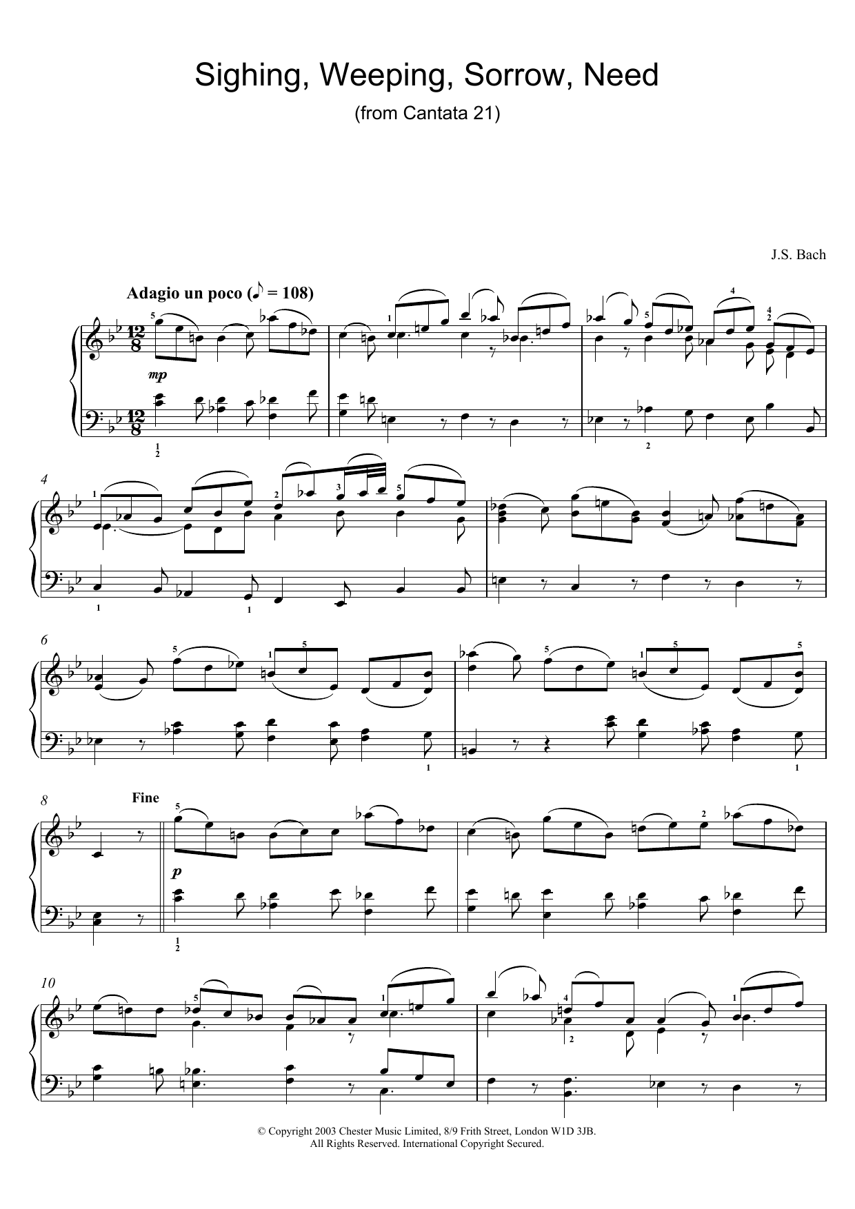 Johann Sebastian Bach Sighing, Weeping, Sorrow, Need (from Cantata 21) Sheet Music Notes & Chords for Piano - Download or Print PDF