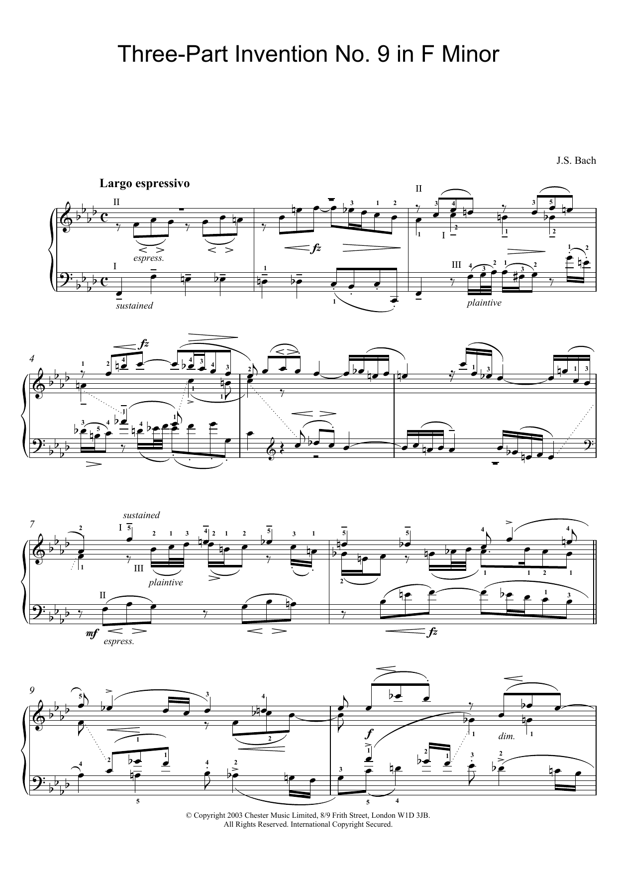 Johann Sebastian Bach Three-Part Invention No. 9 in F Minor Sheet Music Notes & Chords for Piano - Download or Print PDF
