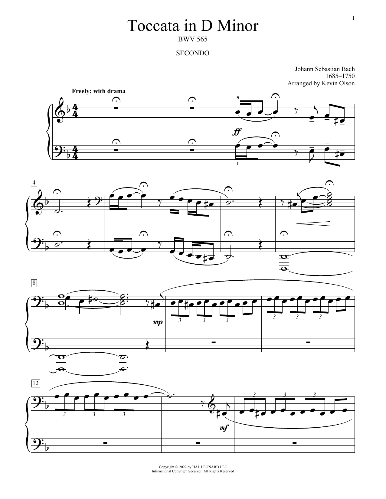 Johann Sebastian Bach Toccata And Fugue In D Minor, BWV 565 (arr. Kevin Olson) Sheet Music Notes & Chords for Piano Duet - Download or Print PDF