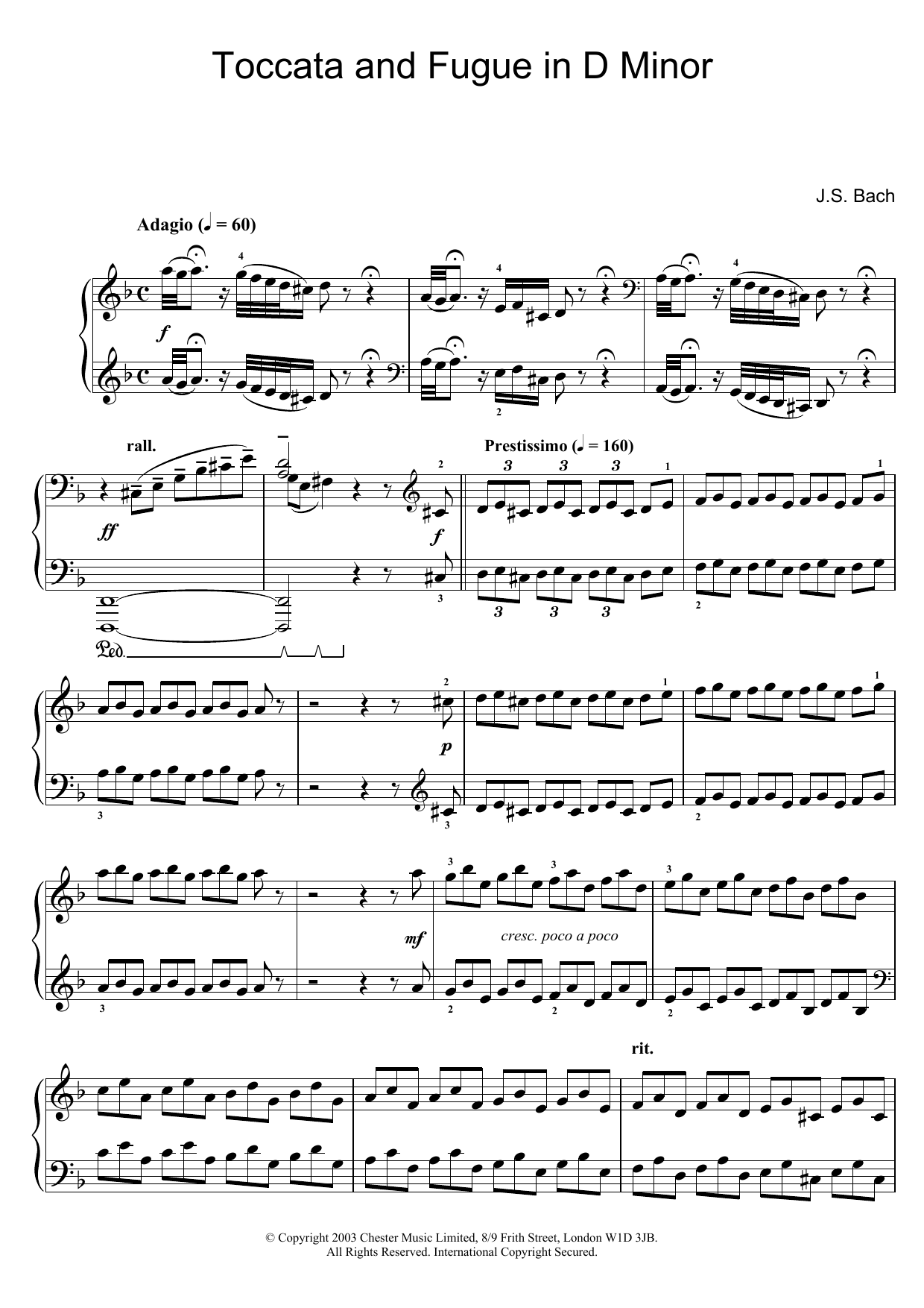Johann Sebastian Bach Toccata and Fugue in D Minor Sheet Music Notes & Chords for Piano - Download or Print PDF