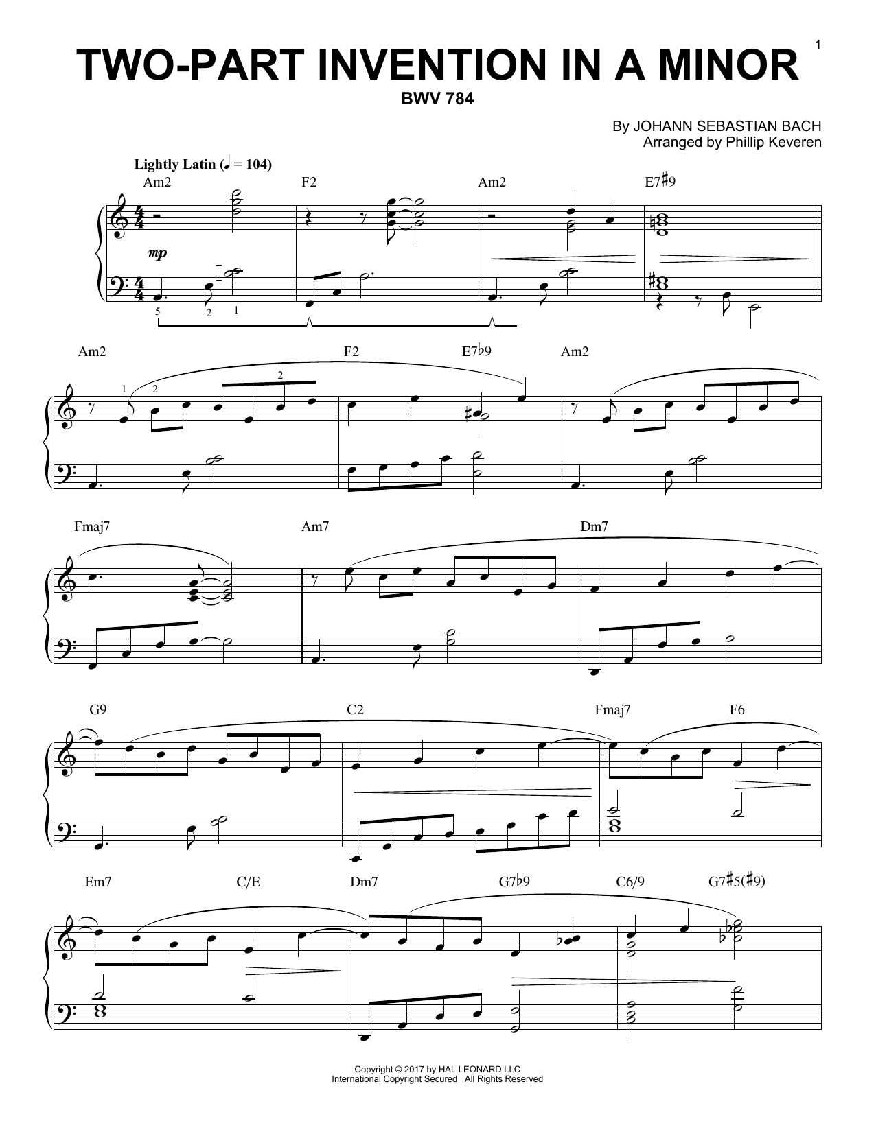 Johann Sebastian Bach Two-Part Invention In A Minor, BWV 784 [Jazz version] (arr. Phillip Keveren) Sheet Music Notes & Chords for Piano - Download or Print PDF