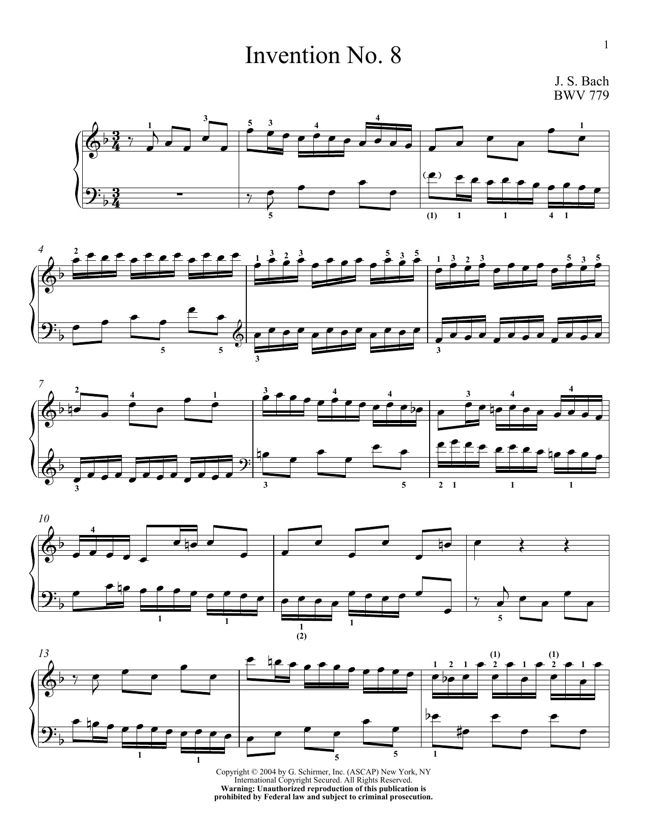 Johann Sebastian Bach Two-Part Invention In F Major Sheet Music Notes & Chords for Piano - Download or Print PDF