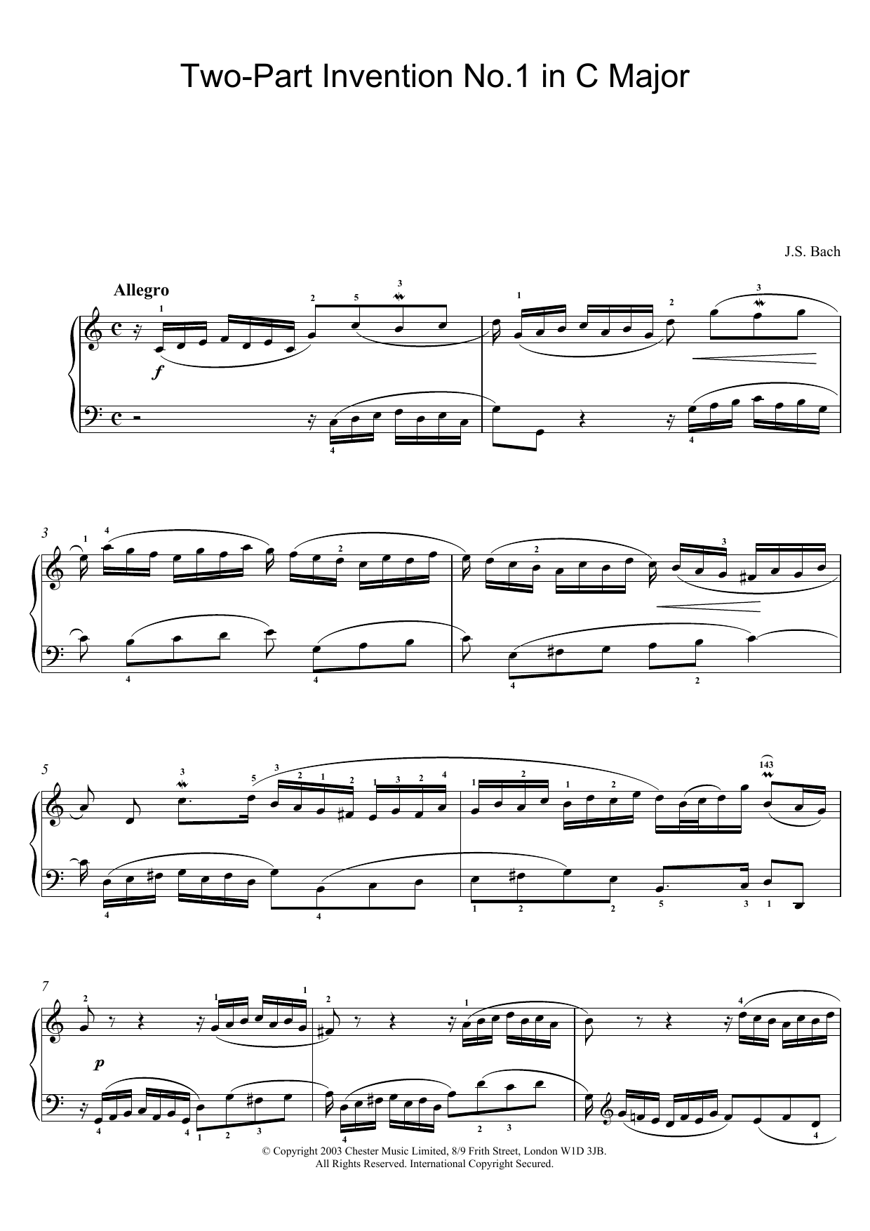 Johann Sebastian Bach Two-Part Invention No. 1 in C Major Sheet Music Notes & Chords for Piano - Download or Print PDF