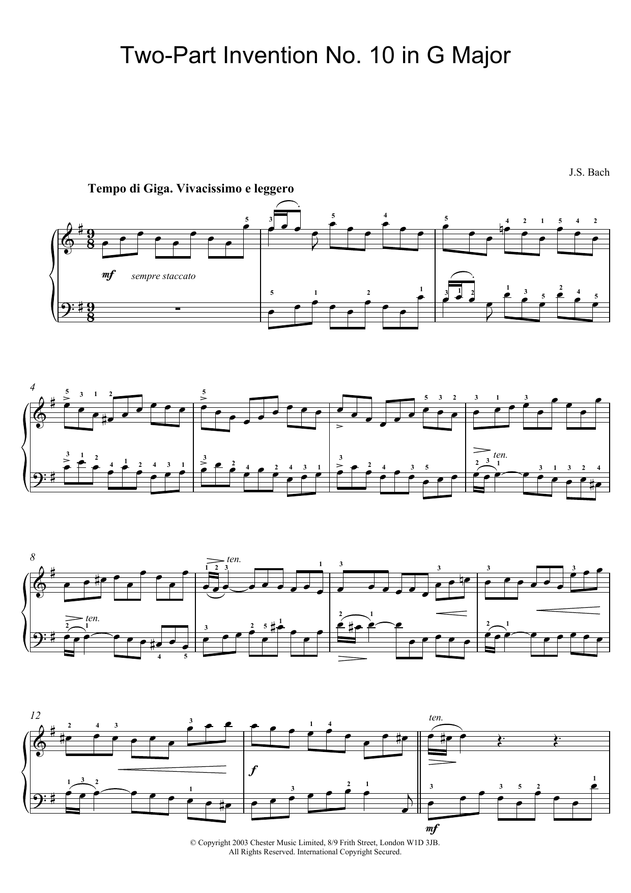 Johann Sebastian Bach Two-Part Invention No. 10 in G Major Sheet Music Notes & Chords for Piano - Download or Print PDF