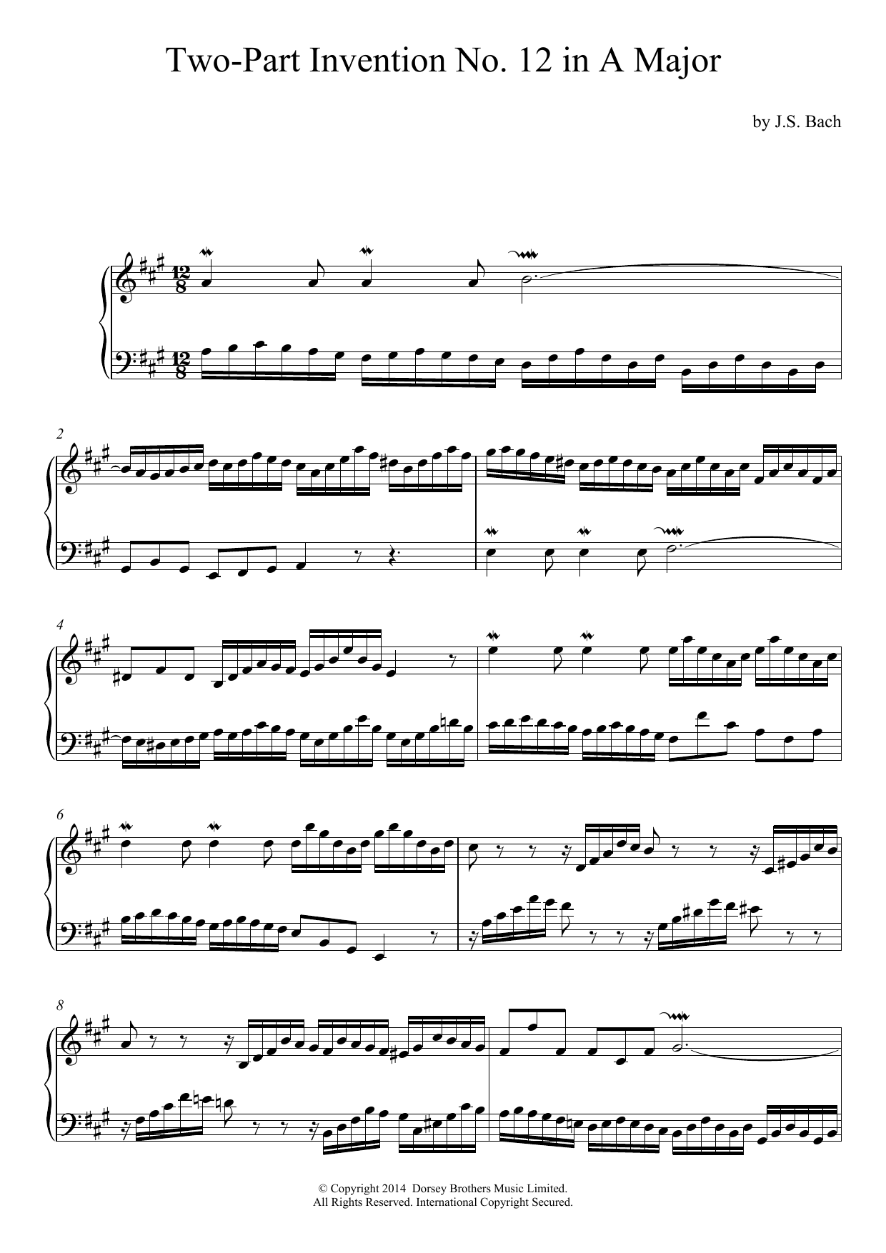 Johann Sebastian Bach Two-Part Invention No. 12 in A Major Sheet Music Notes & Chords for Piano - Download or Print PDF