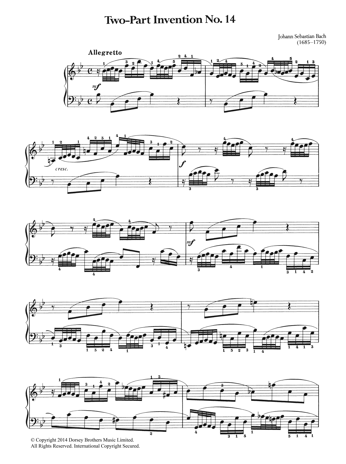 Johann Sebastian Bach Two-Part Invention No. 14 Sheet Music Notes & Chords for Piano - Download or Print PDF