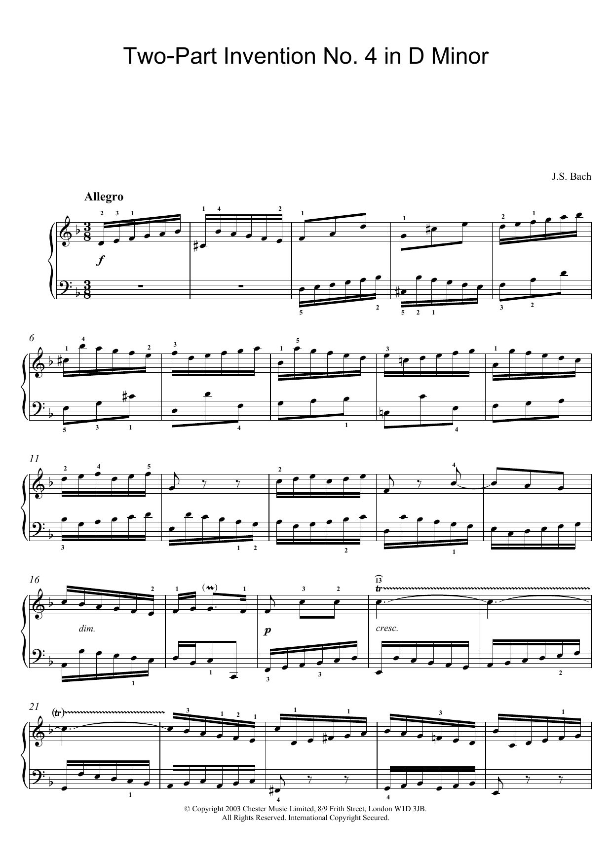 Johann Sebastian Bach Two-Part Invention No. 4 in D Minor Sheet Music Notes & Chords for Piano - Download or Print PDF