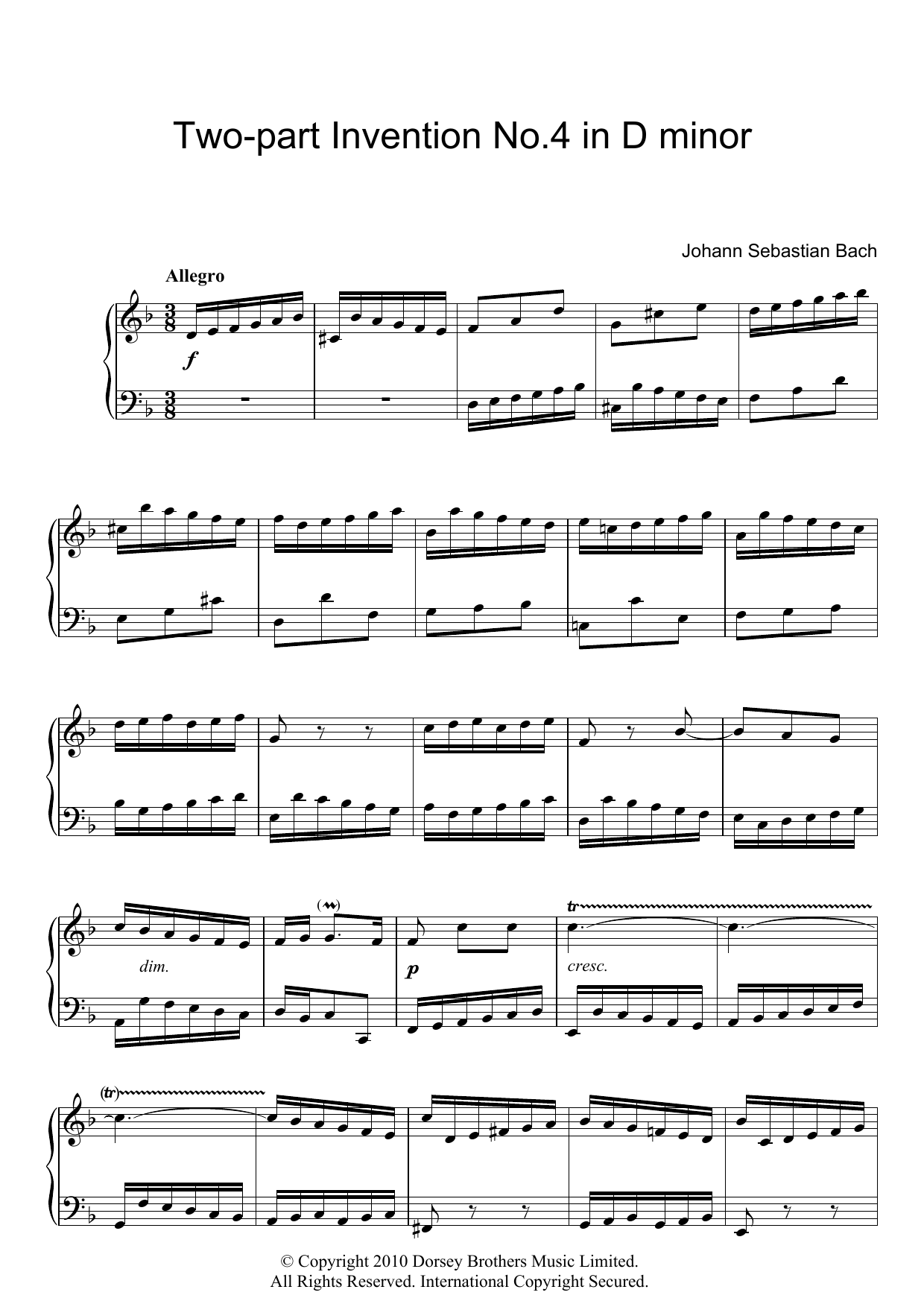 Johann Sebastian Bach Two-Part Invention No. 4 Sheet Music Notes & Chords for Piano - Download or Print PDF