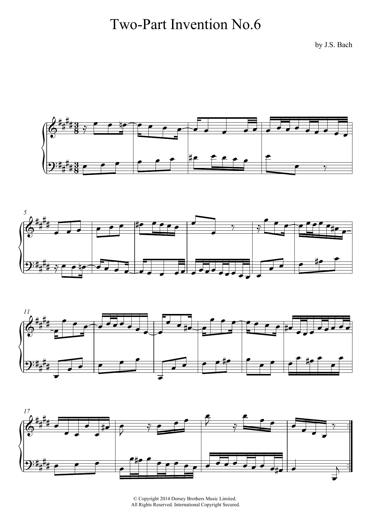 Johann Sebastian Bach Two-Part Invention No. 6 In E Major Sheet Music Notes & Chords for Piano - Download or Print PDF
