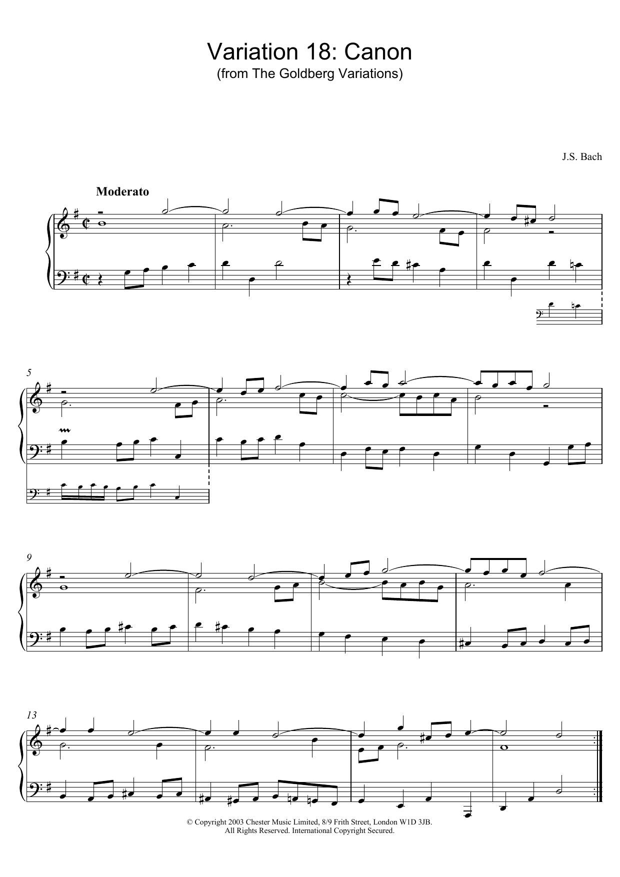 Johann Sebastian Bach Variation 18: Canon (from The Goldberg Variations) Sheet Music Notes & Chords for Piano - Download or Print PDF