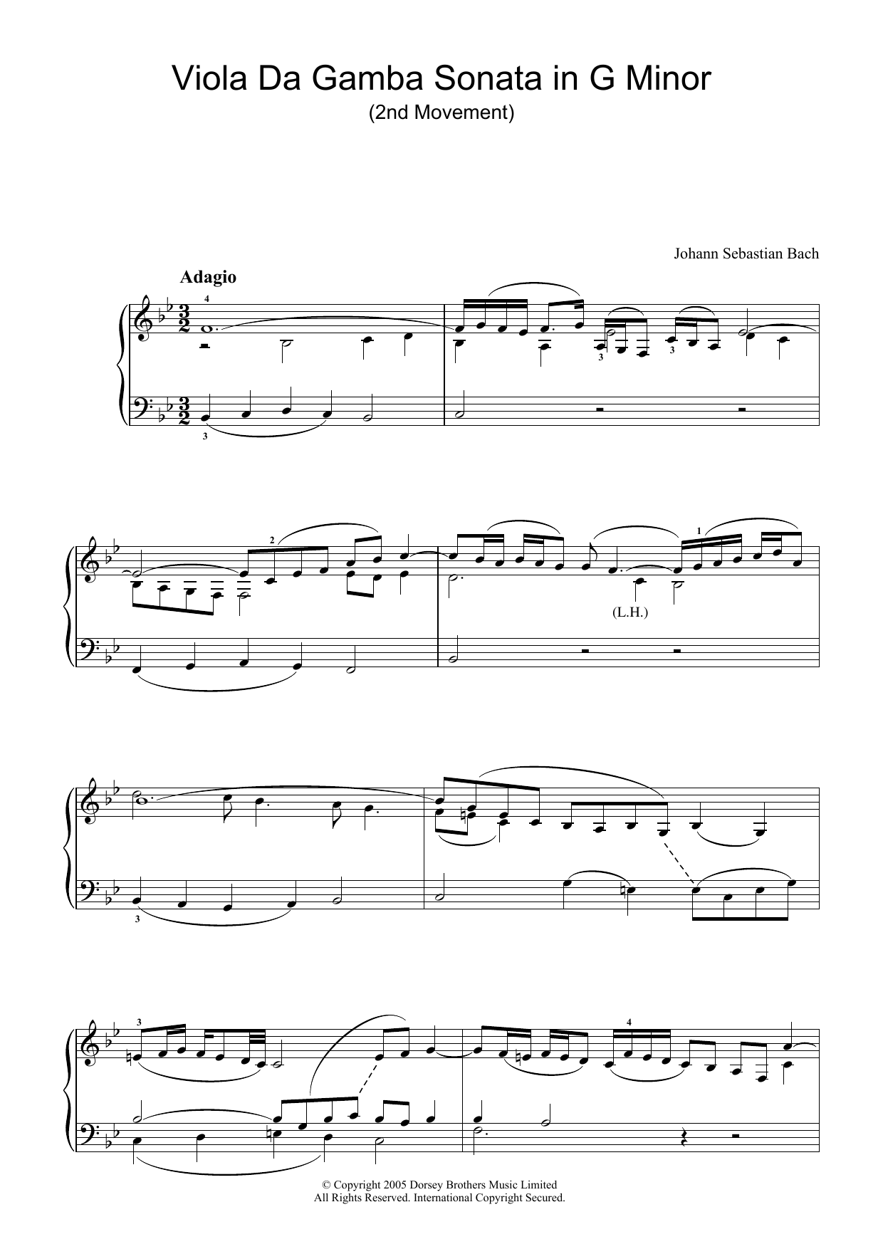 J.S. Bach Viola da Gamba Sonata In G Minor (2nd Movement) Sheet Music Notes & Chords for Piano - Download or Print PDF