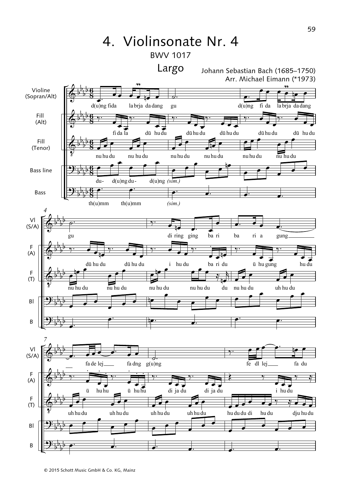 Johann Sebastian Bach Violin Sonata No. 4 (Largo) Sheet Music Notes & Chords for Choral - Download or Print PDF