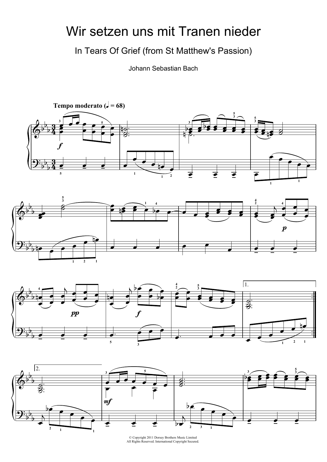 Johann Sebastian Bach Wir setzen uns mit Tranen nieder Sheet Music Notes & Chords for Piano - Download or Print PDF