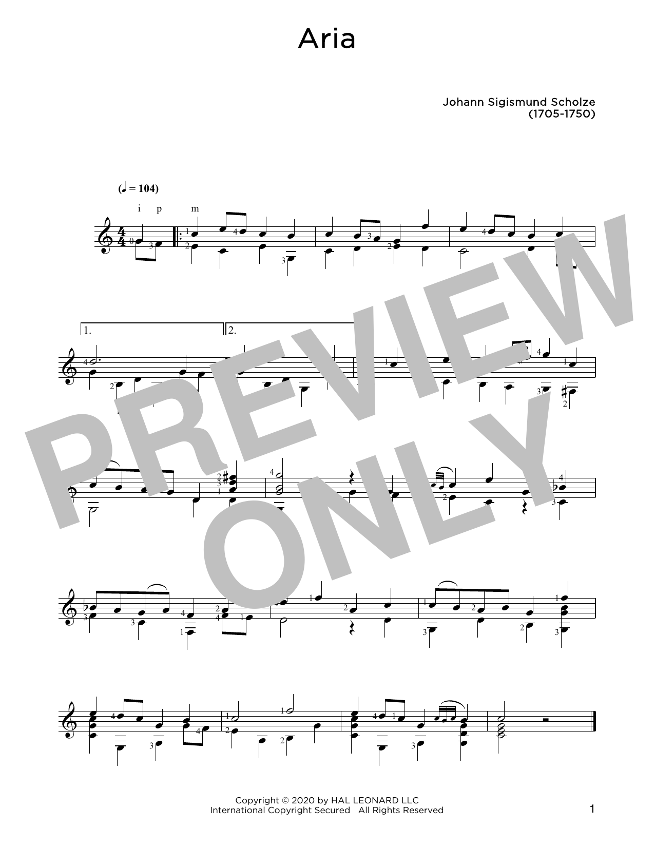 Johann Sigismund Scholze Aria Sheet Music Notes & Chords for Solo Guitar - Download or Print PDF
