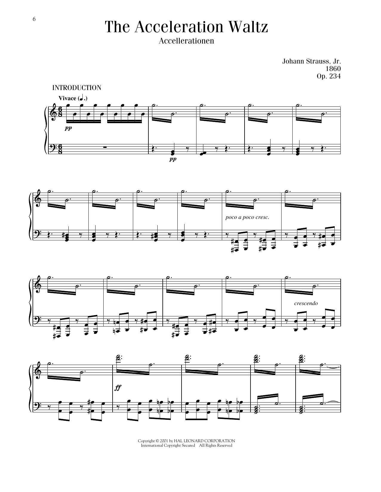 Johann Strauss Acceleration Waltz, Op. 234 Sheet Music Notes & Chords for Piano Solo - Download or Print PDF