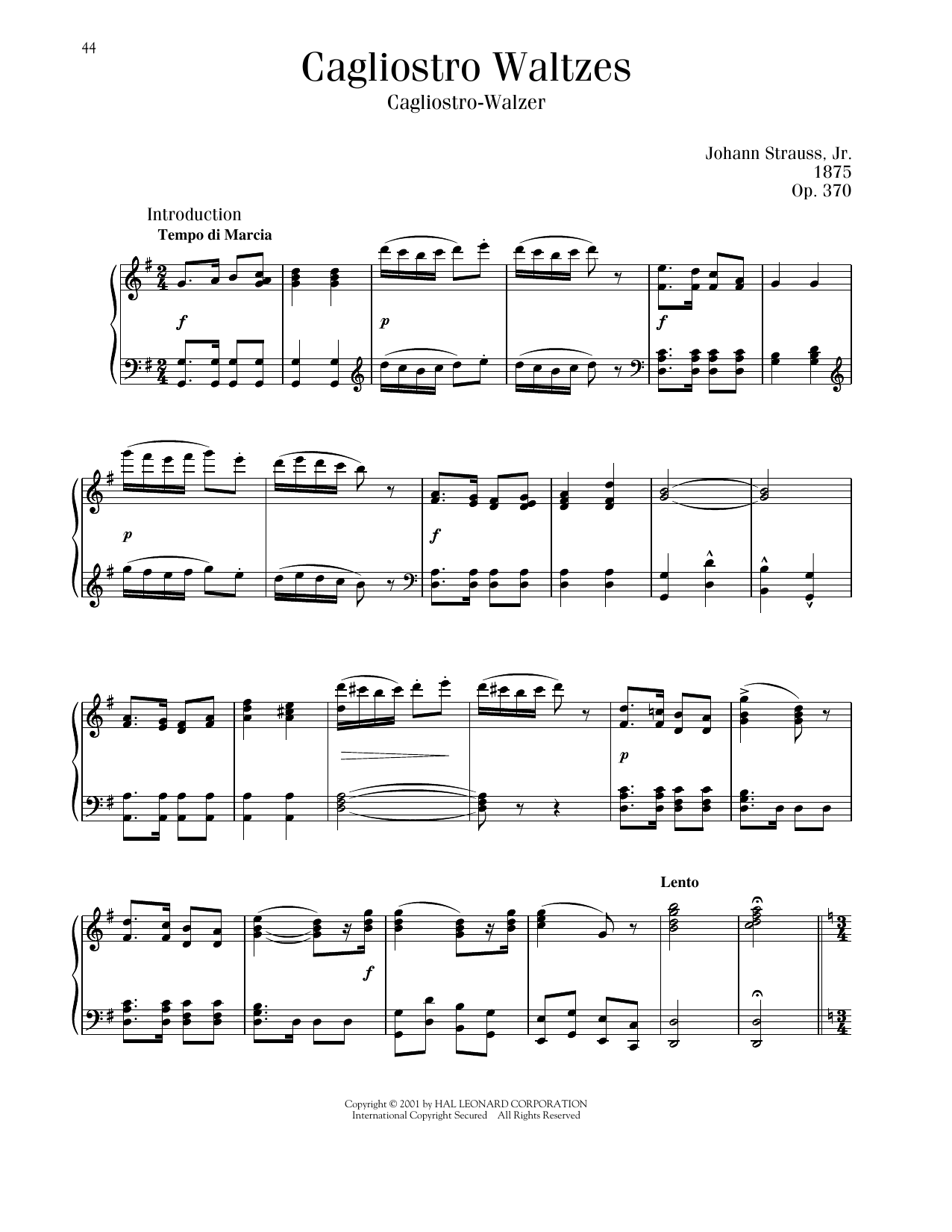 Johann Strauss Cagliostro Waltzes, Op. 370 Sheet Music Notes & Chords for Piano Solo - Download or Print PDF