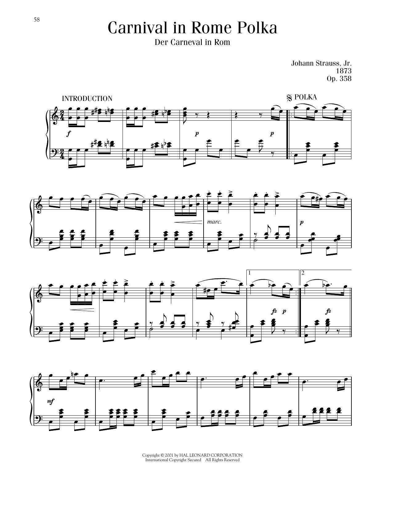 Johann Strauss Carnival In Rome Polka, Op. 358 Sheet Music Notes & Chords for Piano Solo - Download or Print PDF