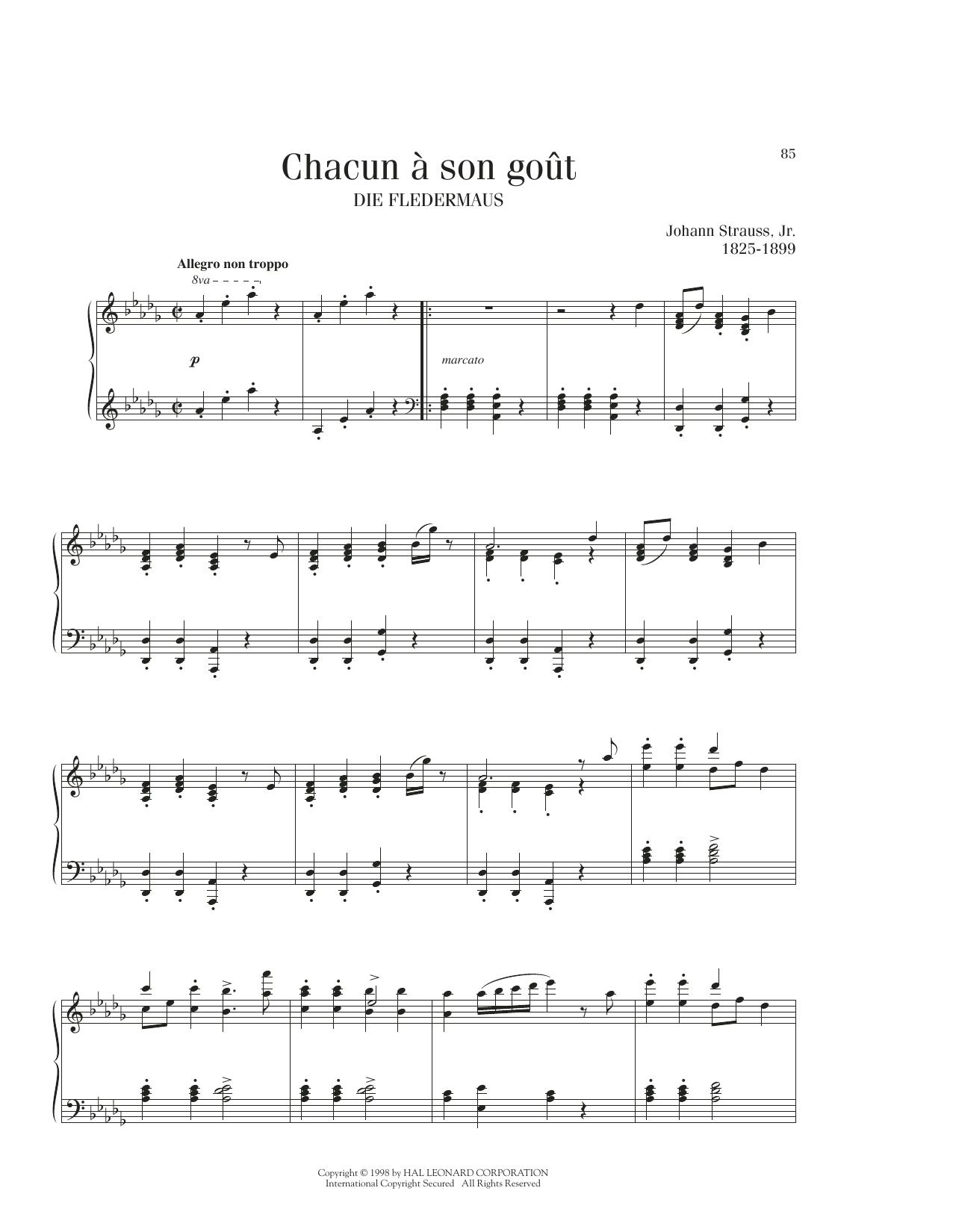 Johann Strauss Chacun A Son Gout Sheet Music Notes & Chords for Piano Solo - Download or Print PDF