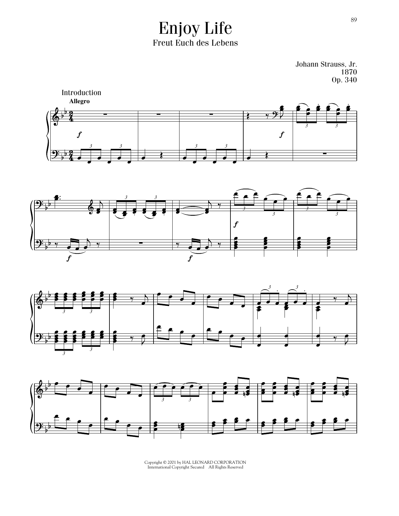 Johann Strauss Enjoy Life, Op. 340 Sheet Music Notes & Chords for Piano Solo - Download or Print PDF
