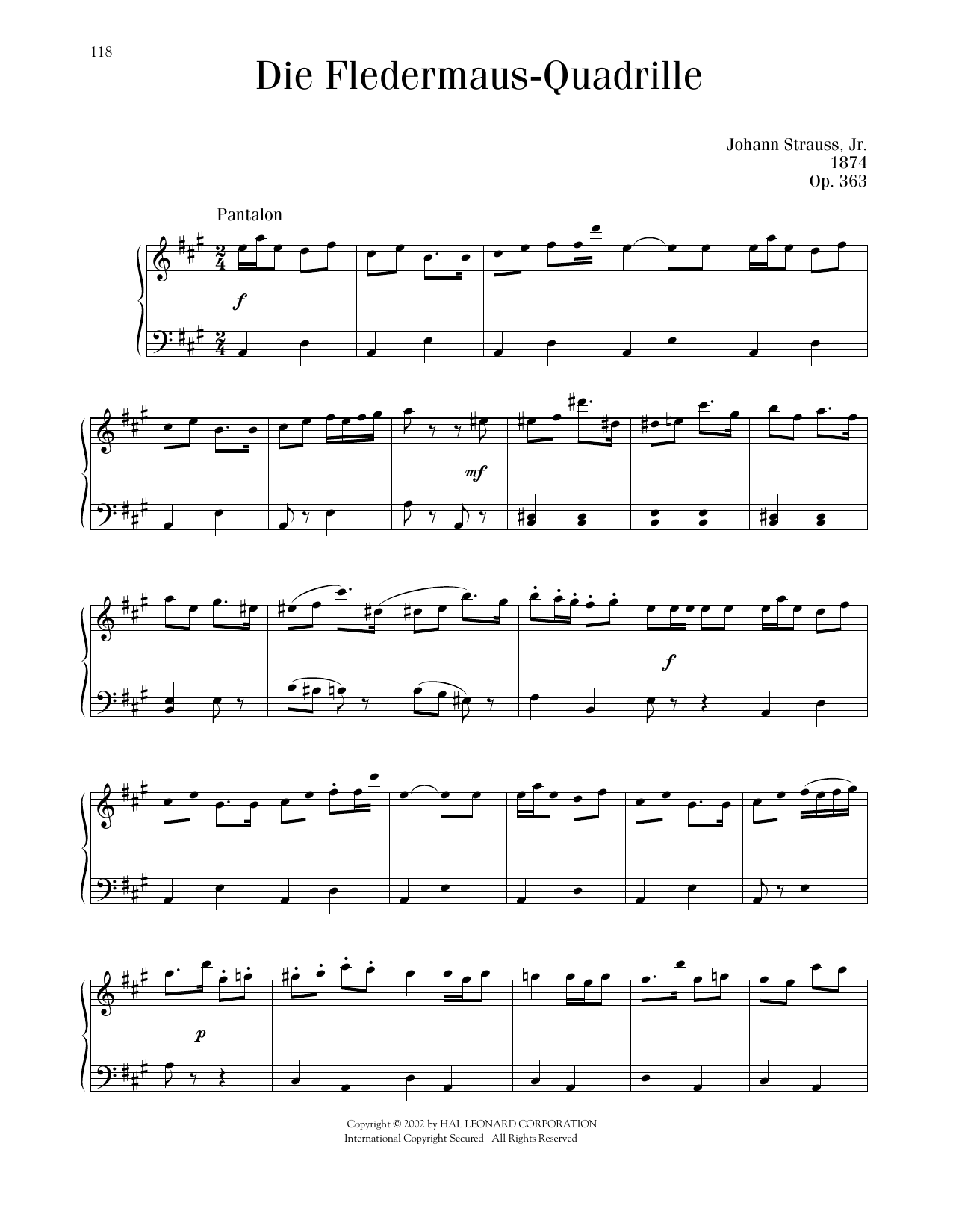 Johann Strauss Fledermaus-Quadrille, Op. 363 Sheet Music Notes & Chords for Piano Solo - Download or Print PDF