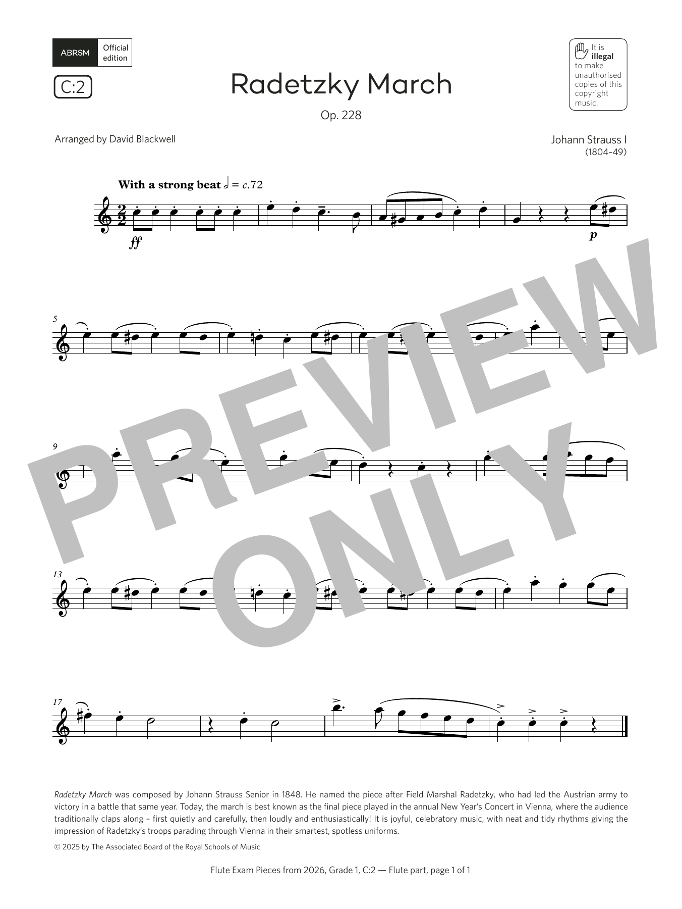 Johann Strauss I Radetzky March (Grade 1, list C2, from the ABRSM Flute Syllabus from 2026) Sheet Music Notes & Chords for Flute Solo - Download or Print PDF Johann Strauss I Radetzky March (Grade 1, list C2, from the ABRSM Flute Syllabus from 2026) Sheet Music Notes & Chords for Flute Solo - Download or Print PDF