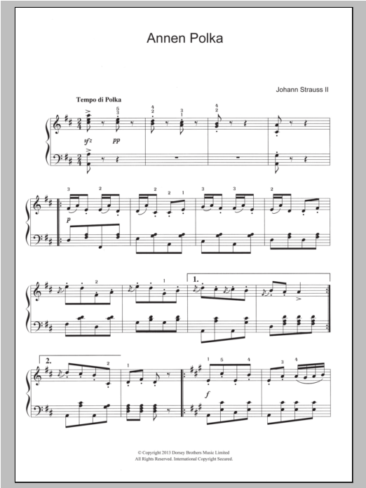 Johann Strauss II Annen Polka, Op. 117 Sheet Music Notes & Chords for Piano - Download or Print PDF