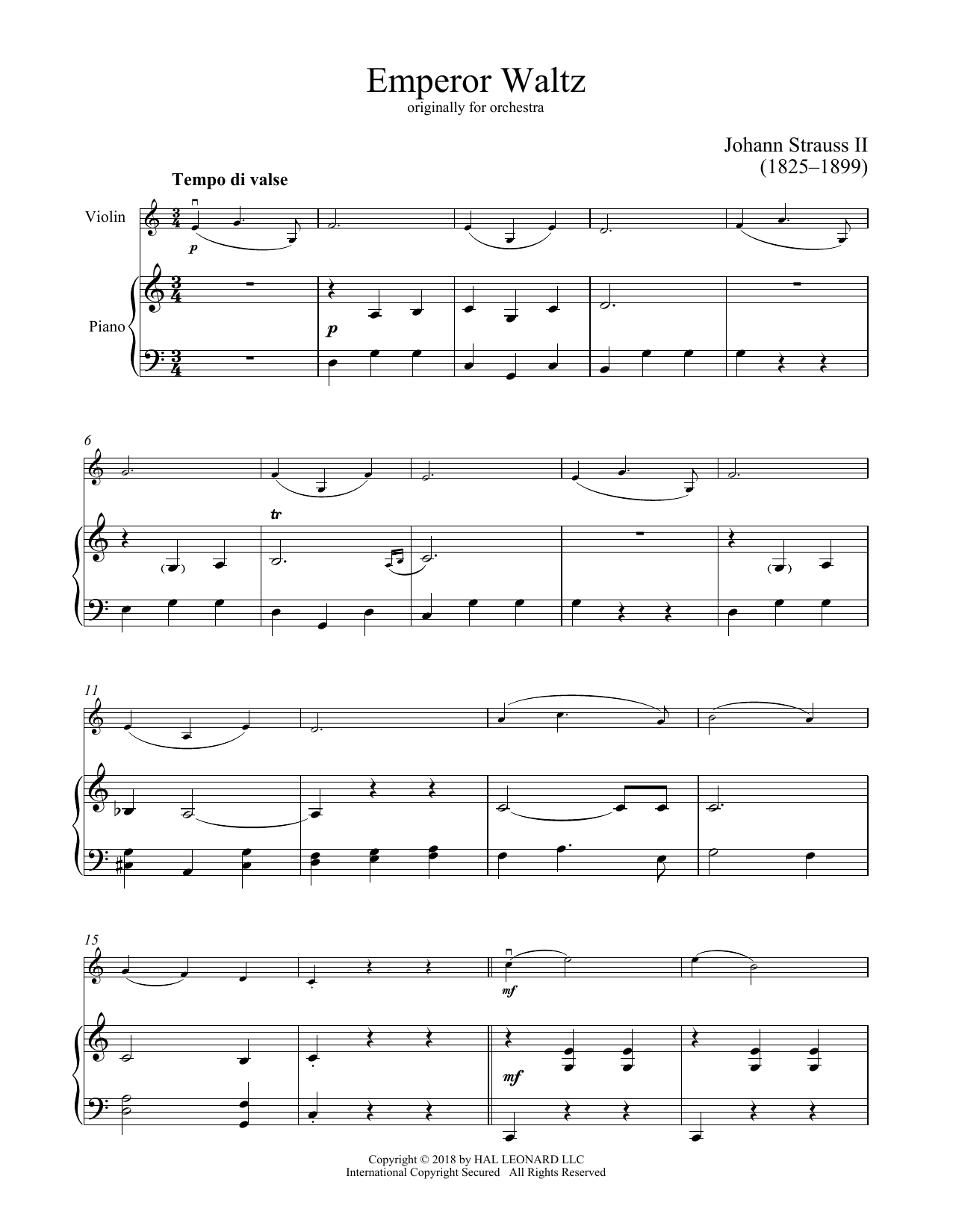 Johann Strauss II Emperor Waltz, Op. 437 Sheet Music Notes & Chords for Violin and Piano - Download or Print PDF