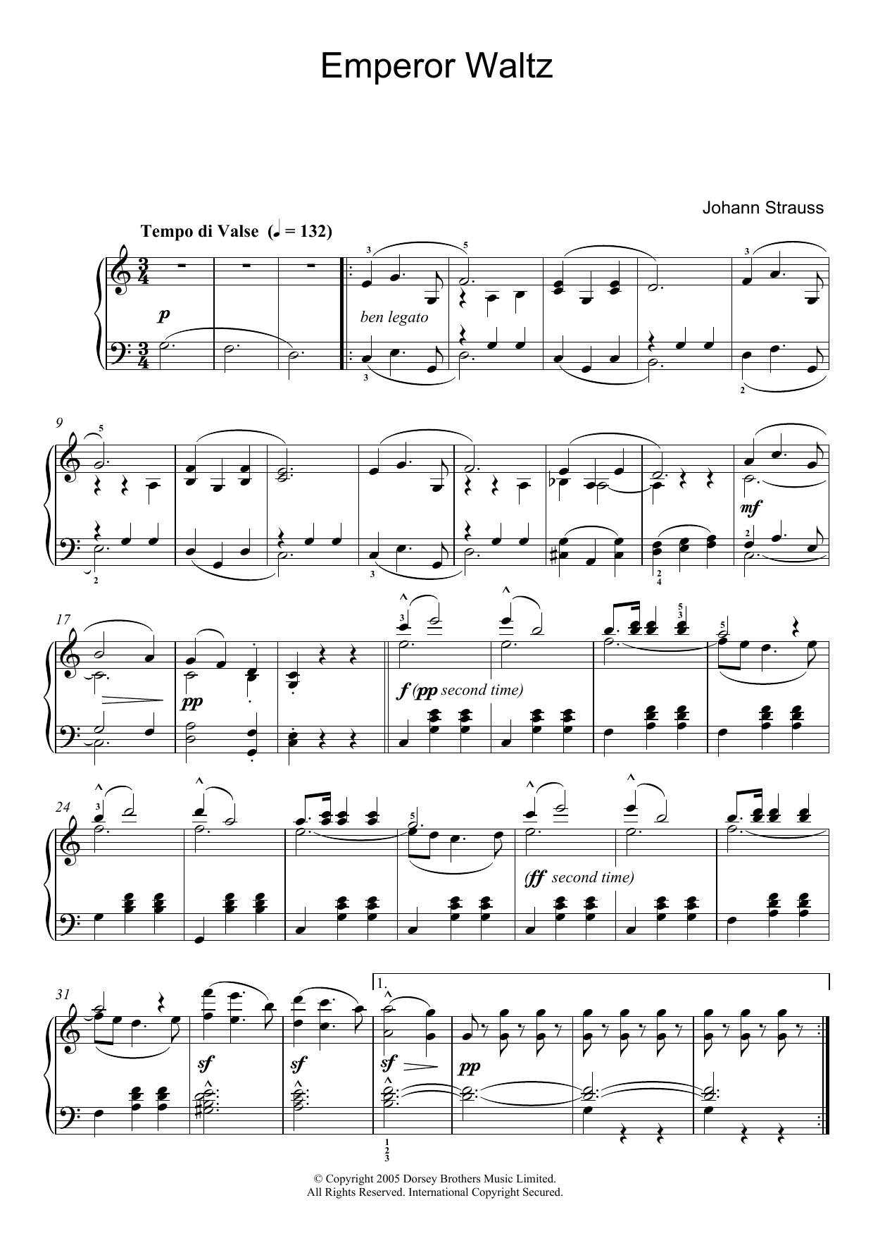 Johann Strauss II Emperor Waltz Sheet Music Notes & Chords for Beginner Piano - Download or Print PDF