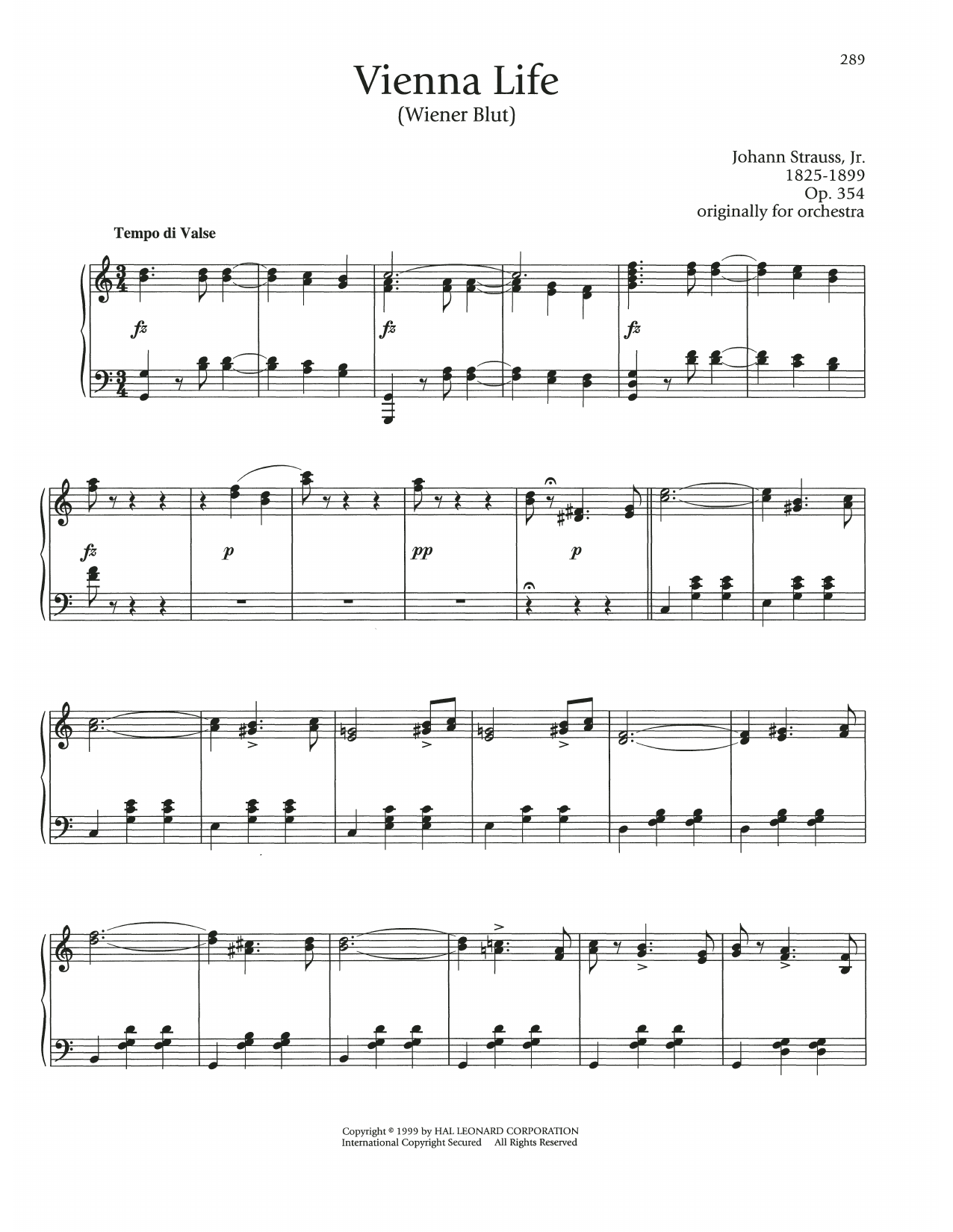Johann Strauss II Vienna Life, Op. 354 Sheet Music Notes & Chords for Piano Solo - Download or Print PDF