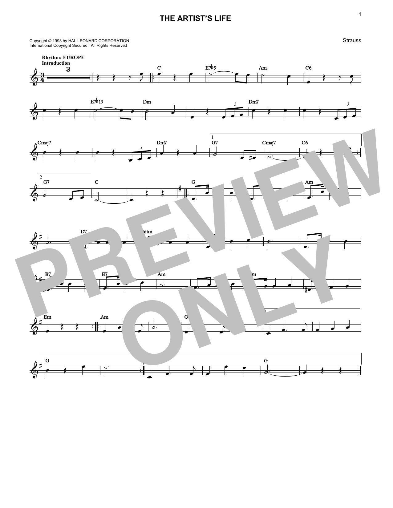Johann Strauss, Jr. Artist's Life Sheet Music Notes & Chords for Melody Line, Lyrics & Chords - Download or Print PDF