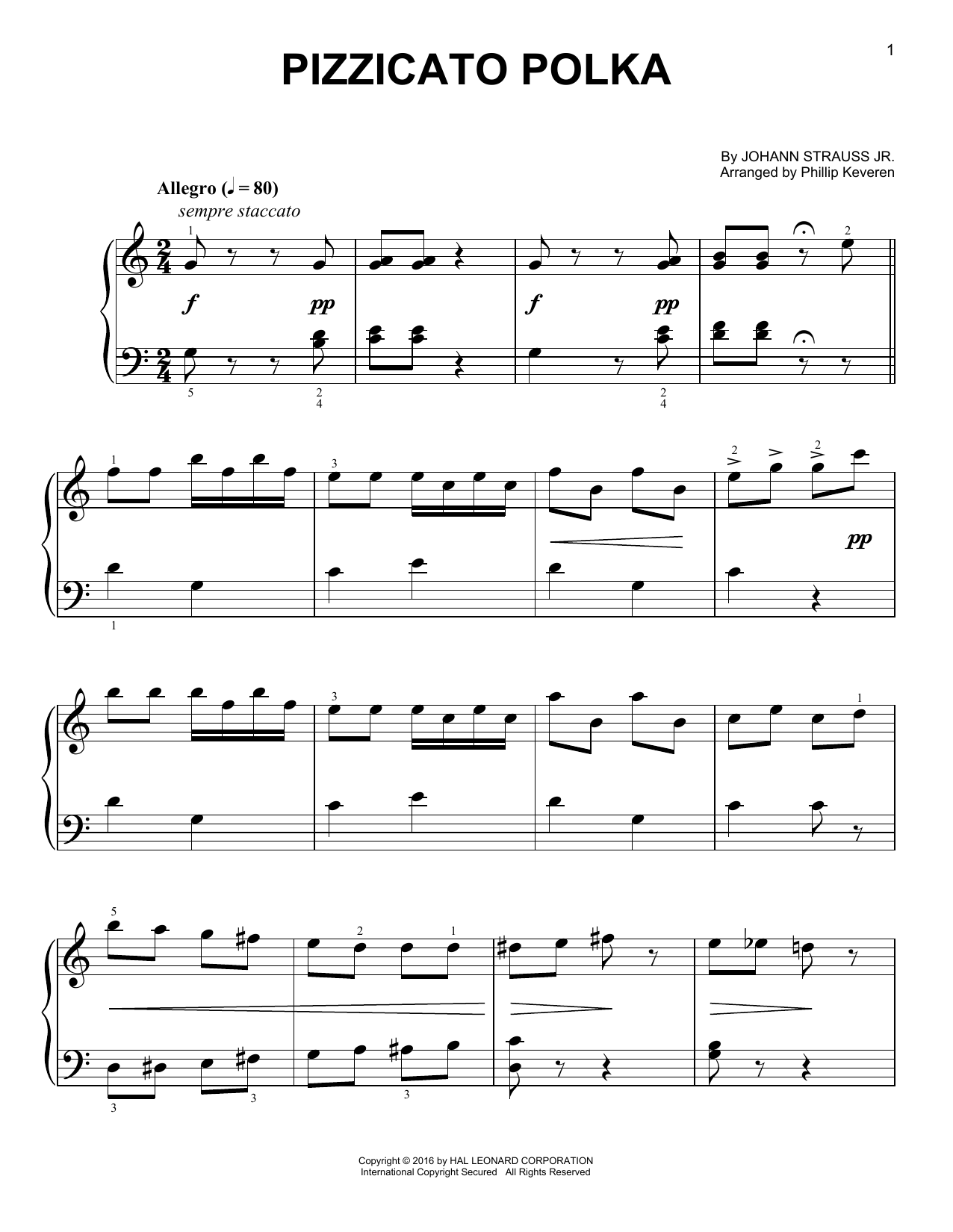 Johann Strauss, Jr. Pizzicato Polka [Classical version] (arr. Phillip Keveren) Sheet Music Notes & Chords for Easy Piano - Download or Print PDF