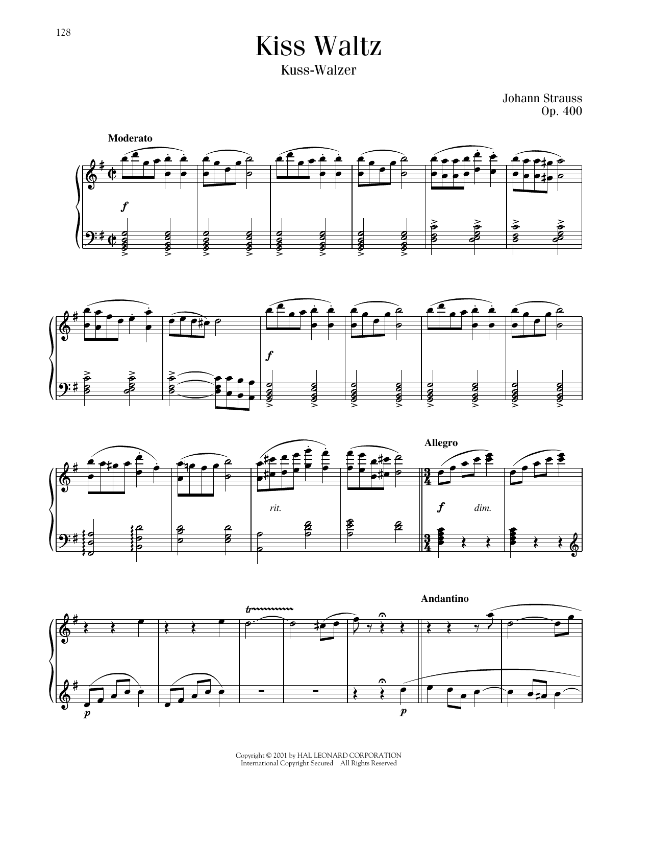 Johann Strauss Kiss Waltz, Op. 400 Sheet Music Notes & Chords for Piano Solo - Download or Print PDF